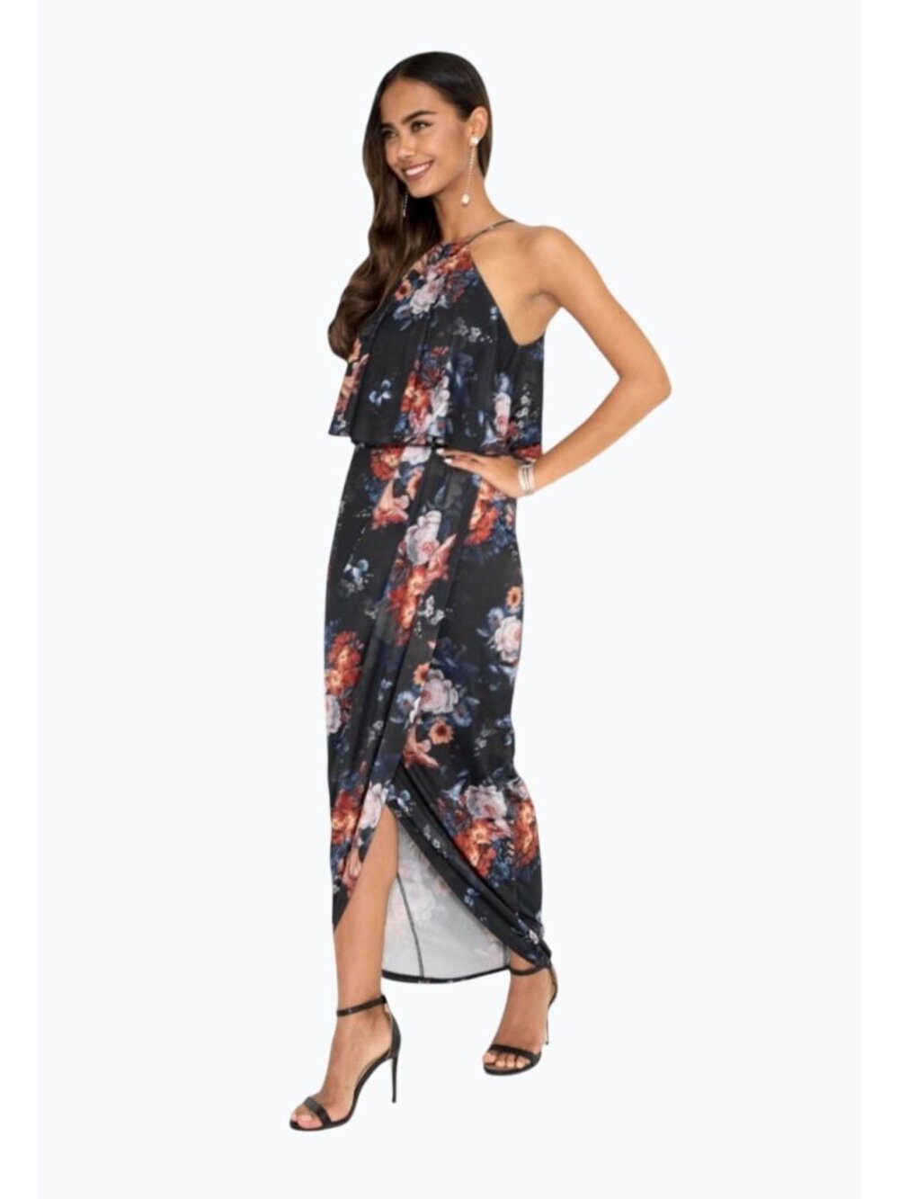 Koh Koh Womens Floral High Neck Maxi Dress Sleeveless Dark Blue Multi-Color 2XL